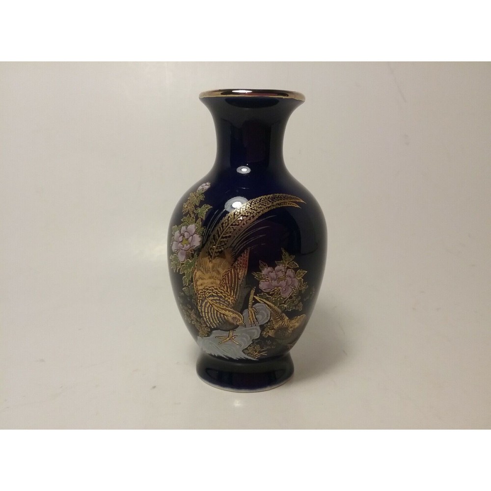 Vintage Japan Cobalt Blue Vase Gold Birds Flowers Trim 3.5"